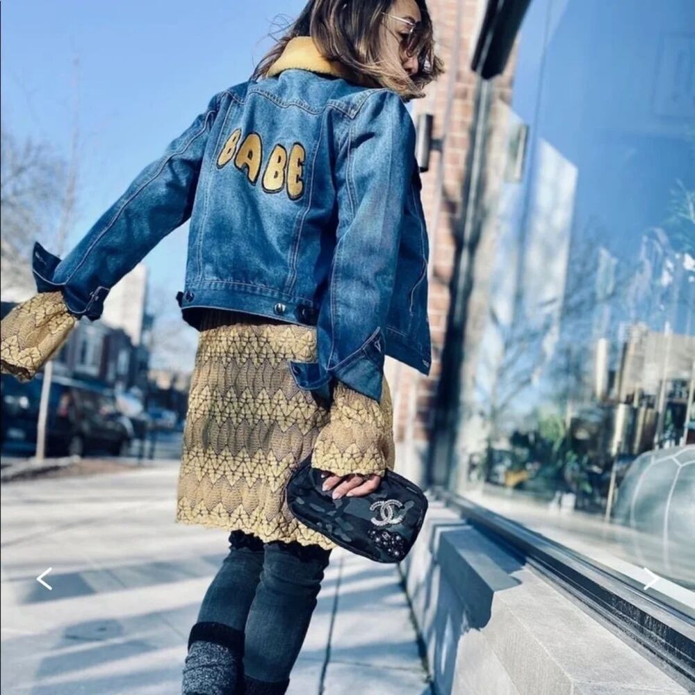 Samantha Sipos Denim Jacket Faux Shearling Collar BABE Patch Back Size 4XL
